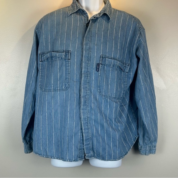 Vintage Levi’s Diamond Label Denim Shirt Mens Large Blue Striped Cotton Pockets - Picture 2 of 13